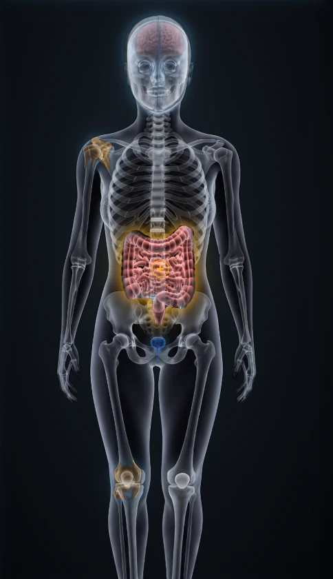 The anatomical figure alone, with the brain, digestive organs, shoulder joint, knee and bladder lit in amber